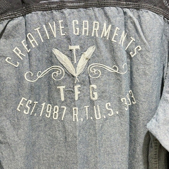 TRIPLE FAT GOOSE Men’s Blue Denim Chambray Embroidered Long Sleeve Shirt Sz 3XL - Picture 8 of 12